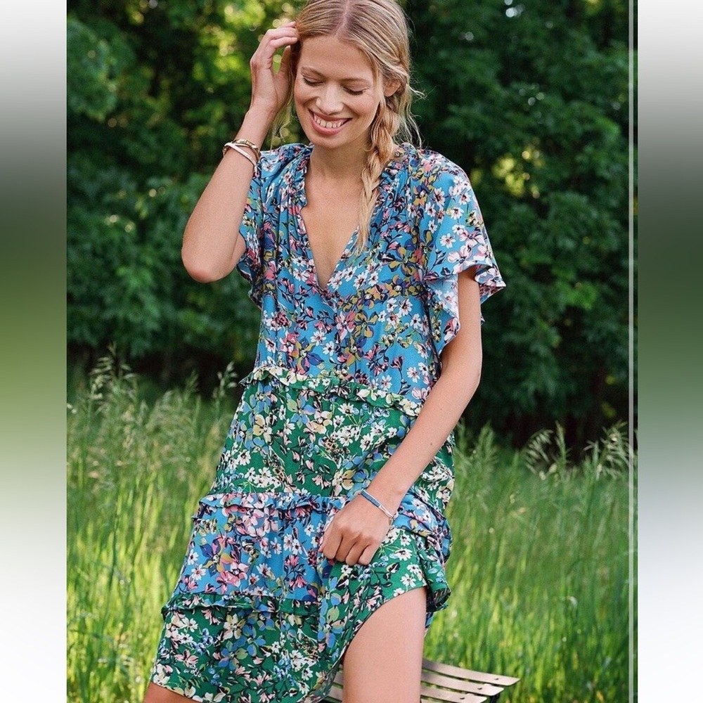 Anthropologie Dress Women’s Robin Tiered Boho Mini Oversized Blue Floral S